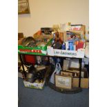 SIX BOXES AND LOOSE SUNDRY ITEMS, to include Balfour Princess record player (af), pictures,