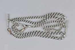 THREE SILVER ALBERT CHAINS, toggles and t-bars and links hallmarked (one chain with base metal