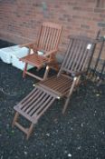 TWO FOLDING WOODEN GARDEN CHAIRS, one with leg rest
