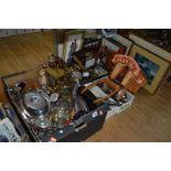 FOUR BOXES OF SILVER PLATE, clocks, prints, model gypsy caravan, etc (four boxes and loose)