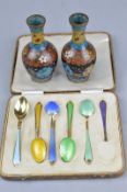 SILVER ENAMEL SPOONS, (missing four pieces) and a pair of small cloisonne vases