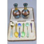 SILVER ENAMEL SPOONS, (missing four pieces) and a pair of small cloisonne vases