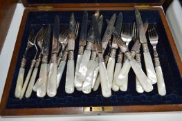 AN OAK CASED SET OF KNIVES AND FORKS, silver collar, Sheffield 1894, mother of pearl handles, (