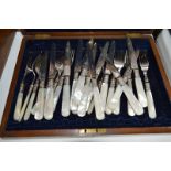 AN OAK CASED SET OF KNIVES AND FORKS, silver collar, Sheffield 1894, mother of pearl handles, (