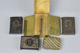 THREE COMMEMORATIVE EARLY PLASTIC VESTA CASES, together with a souvenir vesta case and a brass