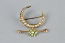 A VICTORIAN SEED PEARL YELLOW GOLD (UNMARKED) CRESCENT BROOCH, with simple pin and loop fittings,