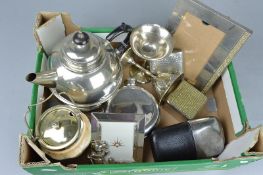 A BOX OF MIXED SILVER PLATE, etc