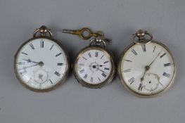 TWO SILVER OPEN FACED POCKET WATCHES, (af) and a silver fob watch (af) (3)