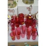 VARIOUS CRANBERRY COLOURED GLASSES, BELLS ETC