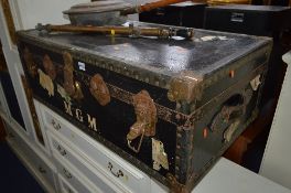 A VINTAGE TRAVELLING TRUNK, badged Pakawa and M.G.M painted on front, a brass Dronwall sprayer and a