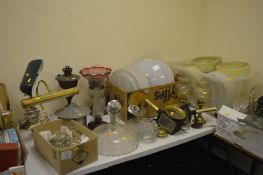 A LARGE QUANTITY SHADES, LAMPS, ETC, to include a pair coach lamps, oil lamps, loose lustre's etc