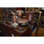 AN OAK CASED ANEROID BAROMETER, three various copper miscellaneous, folding occasional table (no