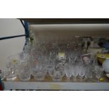 A QUANTITY OF GLASSWARE, including Thomas Webb, Stuart and Dartington, drinking glasses, vases,