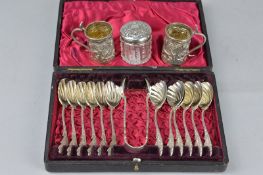 TWO SMALL INDIAN SILVER TANKARDS, silver jar and cased plated spoons set with reg No 200157