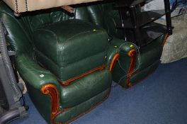 A PAIR OF GREEN LEATHER ARM CHAIRS AND A MATCHING FOOTSTOOL (3)