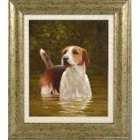 JOHN SILVER, an original oil on canvas of a dog in water, signed and dated 2003, framed, 30cm x