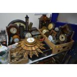 A QUANTITY OF 19TH AND 20TH CENTURY WALL, MANTEL AND OTHER CLOCKS, and clock parts, mostly for