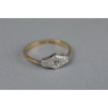 A DIAMOND 9CT YELLOW GOLD AND PLATINUM SET DRESS RING, the small central rose cut diamond in lozenge