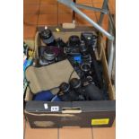 A BOX OF CAMERAS, ACCESSORIES, CHINON BINOCULARS, etc to include Praktica, Zenit etc