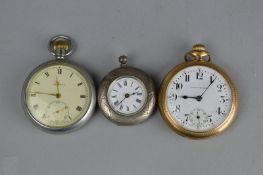 A SETH THOMAS GOLD PLATED OPEN FACED POCKET WATCH, (dial a/f), a silver fob watch and a white