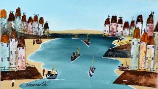 ROZANNE BELL, an original oil on board painting of an estuary with fishing boats, signed by the