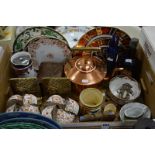A BOX OF CERAMICS, METALWARES, GLASSWARE, etc, including tea wares, opera glasses, Beswick Koala,