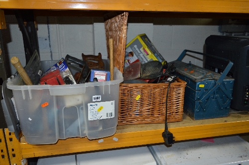 A BOX, A BASKET, a toolbox, a Black & Decker detail sander and a Sony FSTV (remote), hand tools,