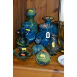 A COLLECTION OF MDINA STUDIO GLASS, to include two conical vases, mostly turquoise blue and