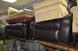 A BROWN LEATHER TWO PIECE LOUNGE SUITE, comprising of a two seater settee and an electric