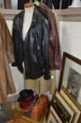 A BLACK OAKLEAF GENTS LEATHER JACKET, a brown leather jacket and a Windsmoor wool coat (3)