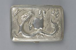 A WHITE METAL CIGARETTE CASE, with embossed Chinese dragon and bamboo scenes, blank shield cartouche