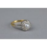 A MID 20TH CENTURY DIAMOND AND CULTURED PEARL DRESS RING, total estimated eight cut diamond weight