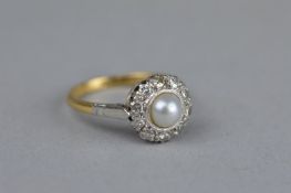 A MID 20TH CENTURY DIAMOND AND CULTURED PEARL DRESS RING, total estimated eight cut diamond weight