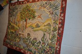 A WALL HANGING TAPESTRY, Unicorn Summer by David Cornell, wool and cotton blend, 90cm x 118cm,