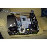 A TRAY OF AUDIO EQUIPMENT including a Clarity car radio (boxed) a Intempo docking speaker etc