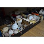 FIVE BOXES OF CERAMICS, GLASSWARE, etc, including Royal Albert Lucky Clover plates and boxed