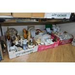 SIX BOXES OF CERAMICS, glassware , ceramic horse with wooden cart, kitchen crockery, etc (6 boxes