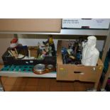 TWO BOXES OF SUNDRIES, to include barometer, model motor bike, ceramic figure of pilot, clowns,