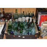 TWO BOXES AND LOOSE GLASS BOTTLES, STONEWARE JARS, INKS etc