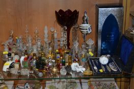 A GROUP OF SCENT BOTTLES, cased manicure set, glass lustre etc, to include boxed Arabian oval Lamsa,