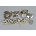 A COLLECTION OF SILVER JEWELLERY, to include Albert chain, padlock clasp, curb link bracelet,