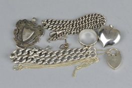 A COLLECTION OF SILVER JEWELLERY, to include Albert chain, padlock clasp, curb link bracelet,