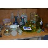 A GROUP OF GLASSWARES, to include Dartington Crystal, a brass mounted inkwell etc