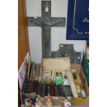 RELIGIOUS INTEREST, postcards, books, crucifix, prayer books, candles, holy water recepticals,