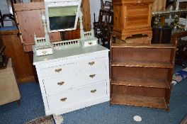 A PAINTED EDWARDIAN PINE DRESSING CHEST, of four drawers with two smaller drawers at mirror supports