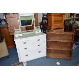 A PAINTED EDWARDIAN PINE DRESSING CHEST, of four drawers with two smaller drawers at mirror supports