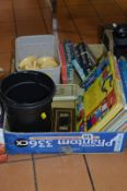 A QUANTITY OF LOOSE MARBLES, plastic child's tea set, Chad Valley tinplate money box (missing