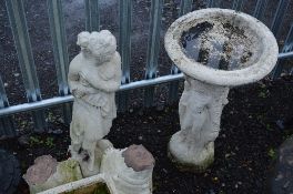 A COMPOSITE GARDEN FIGURE OF A GRECIAN LADY, a similar bird bath and a column (broken), both