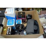 A BOX OF CAMERAS AND EQUIPMENT, including boxed items, brands include Olympus, Tokina and Makinon