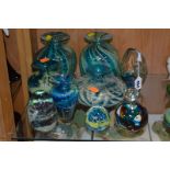 A MIXED LOT OF MDINA GLASS, to include five vases with flared rims and paperweights, some with Mdina